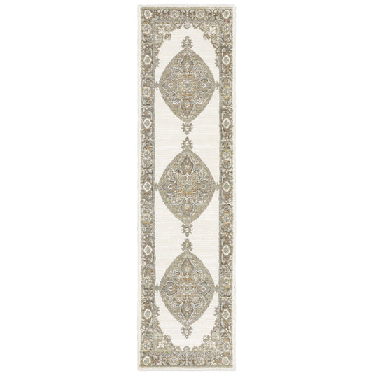 2' X 8' Beige Ivory Tan Gold Grey And Green Oriental Power Loom Stain Resistant Runner Rug