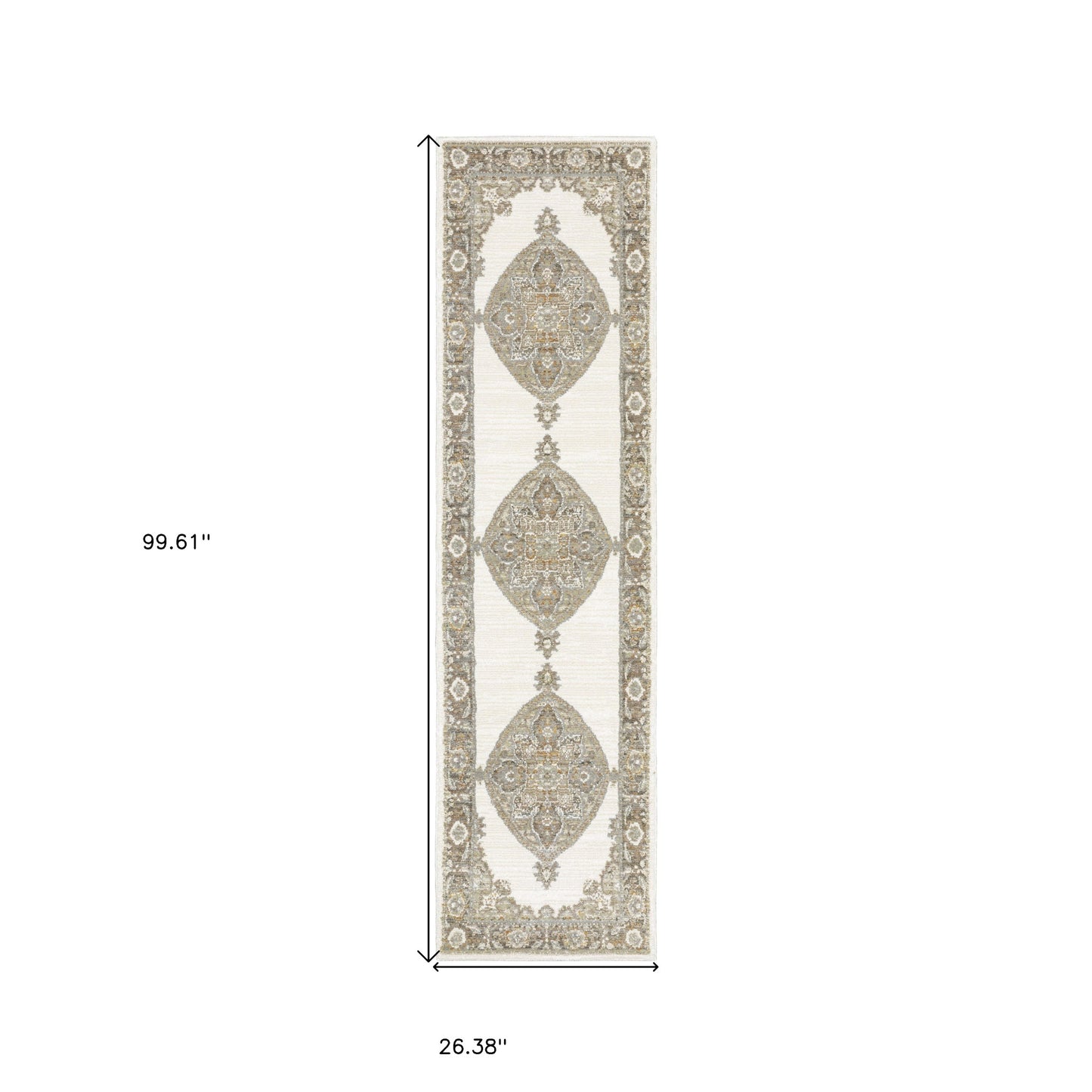 2' X 8' Beige Ivory Tan Gold Grey And Green Oriental Power Loom Stain Resistant Runner Rug