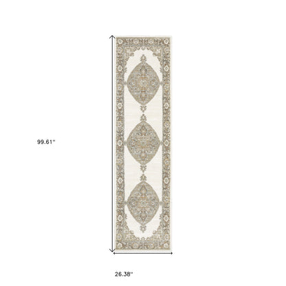2' X 8' Beige Ivory Tan Gold Grey And Green Oriental Power Loom Stain Resistant Runner Rug