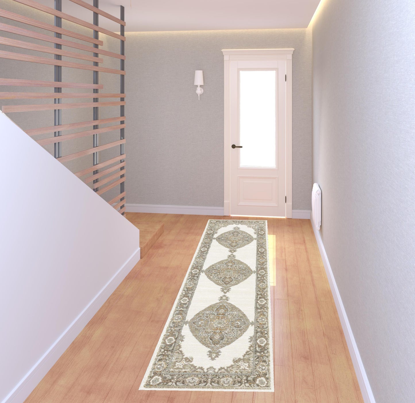 2' X 8' Beige Ivory Tan Gold Grey And Green Oriental Power Loom Stain Resistant Runner Rug