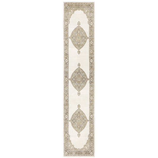 2' X 10' Beige And Ivory Oriental Power Loom Runner Rug