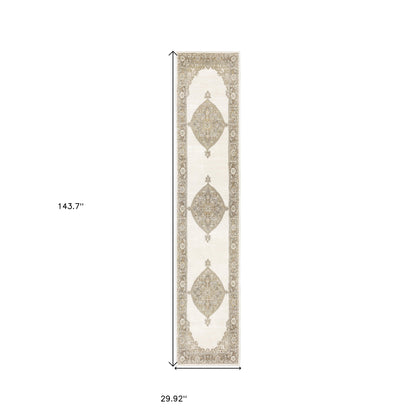 2' X 10' Beige And Ivory Oriental Power Loom Runner Rug