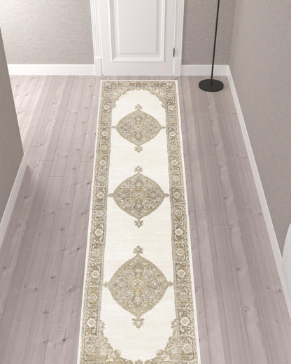 2' X 10' Beige And Ivory Oriental Power Loom Runner Rug