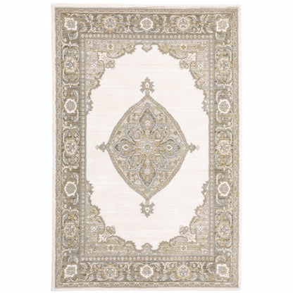 6' X 9' Beige Ivory Tan Gold Grey And Green Oriental Power Loom Stain Resistant Area Rug