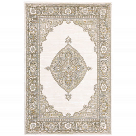 6' X 9' Beige Ivory Tan Gold Grey And Green Oriental Power Loom Stain Resistant Area Rug