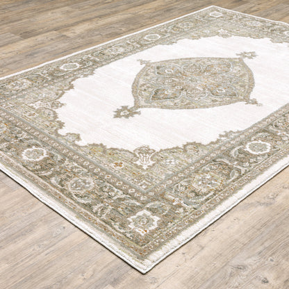 6' X 9' Beige Ivory Tan Gold Grey And Green Oriental Power Loom Stain Resistant Area Rug