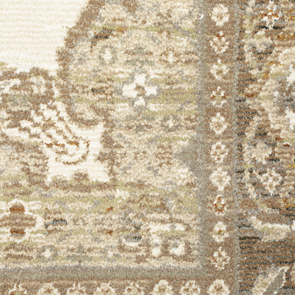 6' X 9' Beige Ivory Tan Gold Grey And Green Oriental Power Loom Stain Resistant Area Rug