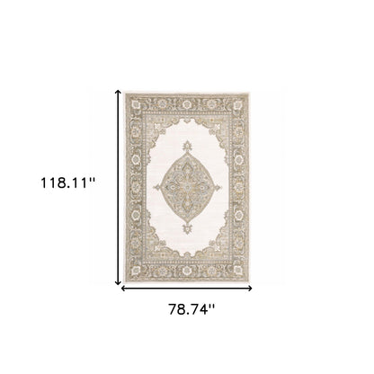 6' X 9' Beige Ivory Tan Gold Grey And Green Oriental Power Loom Stain Resistant Area Rug