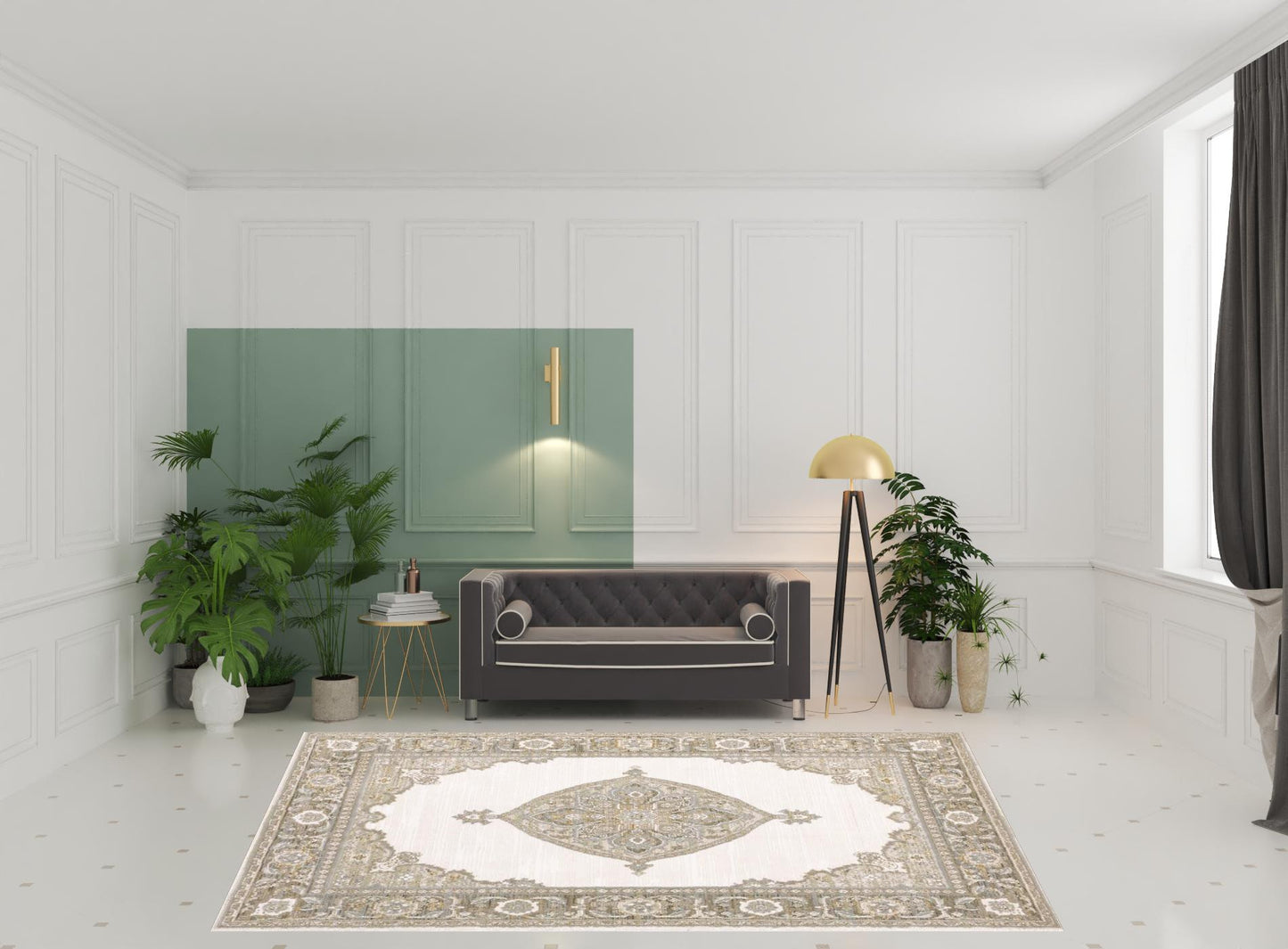 8' X 10' Beige Ivory Tan Gold Grey And Green Oriental Power Loom Stain Resistant Area Rug