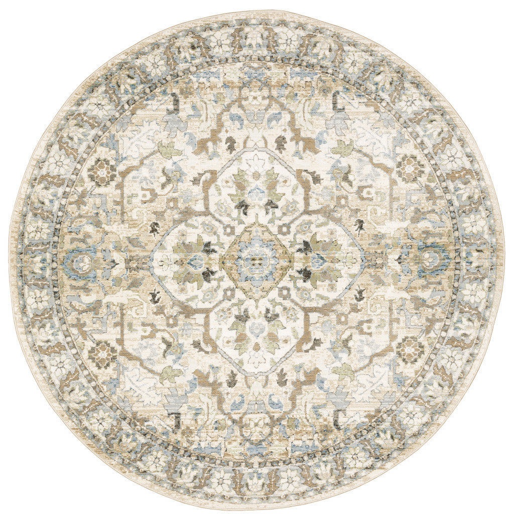 8' Beige And Ivory Round Oriental Power Loom Stain Resistant Area Rug