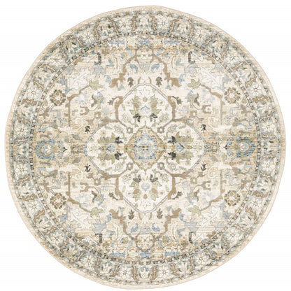 8' Beige And Ivory Round Oriental Power Loom Stain Resistant Area Rug
