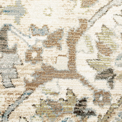 8' Beige And Ivory Round Oriental Power Loom Stain Resistant Area Rug
