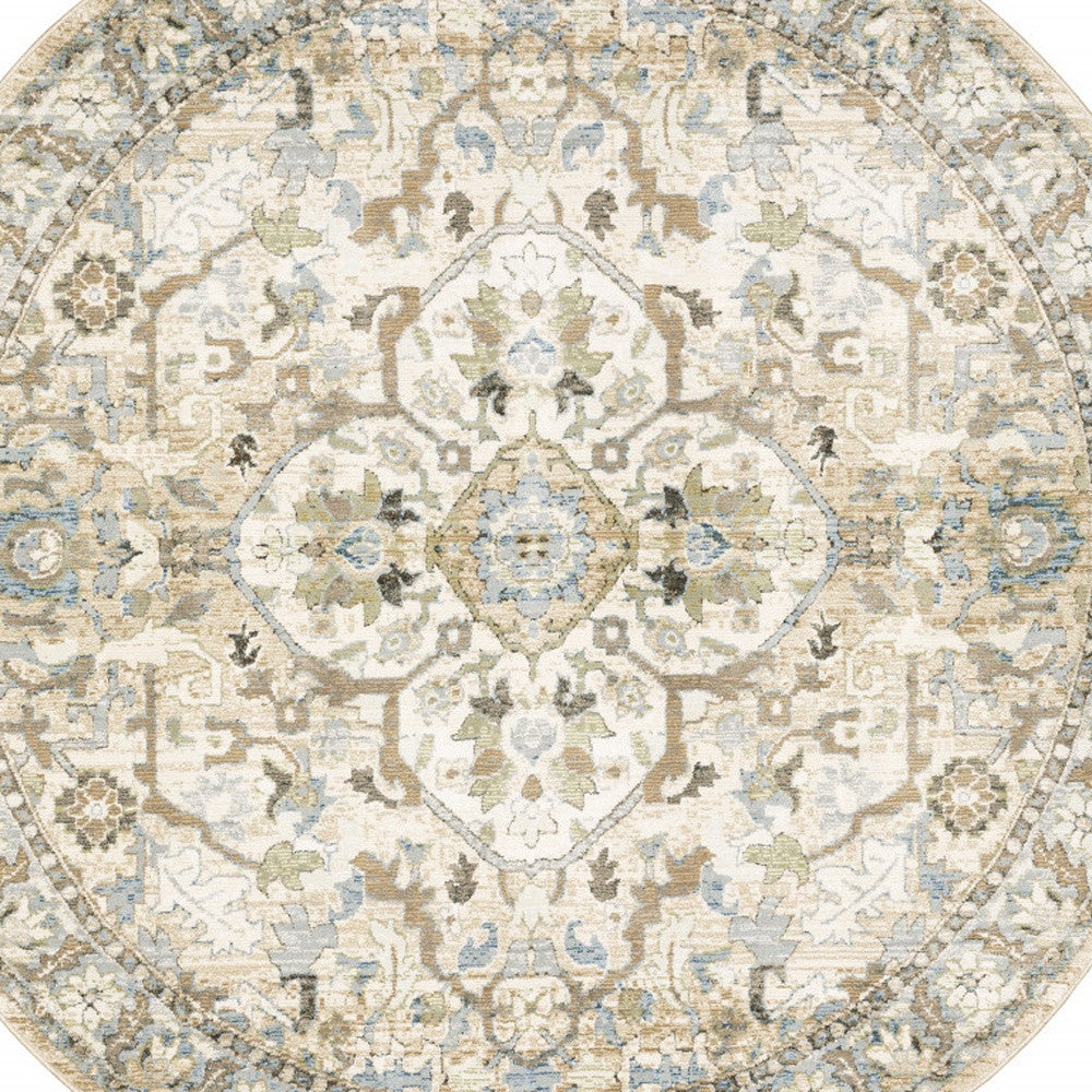 8' Beige And Ivory Round Oriental Power Loom Stain Resistant Area Rug