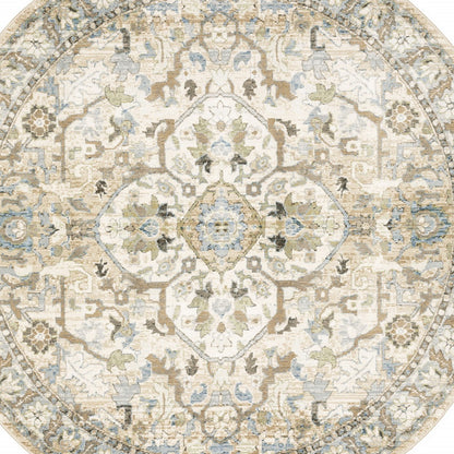 8' Beige And Ivory Round Oriental Power Loom Stain Resistant Area Rug