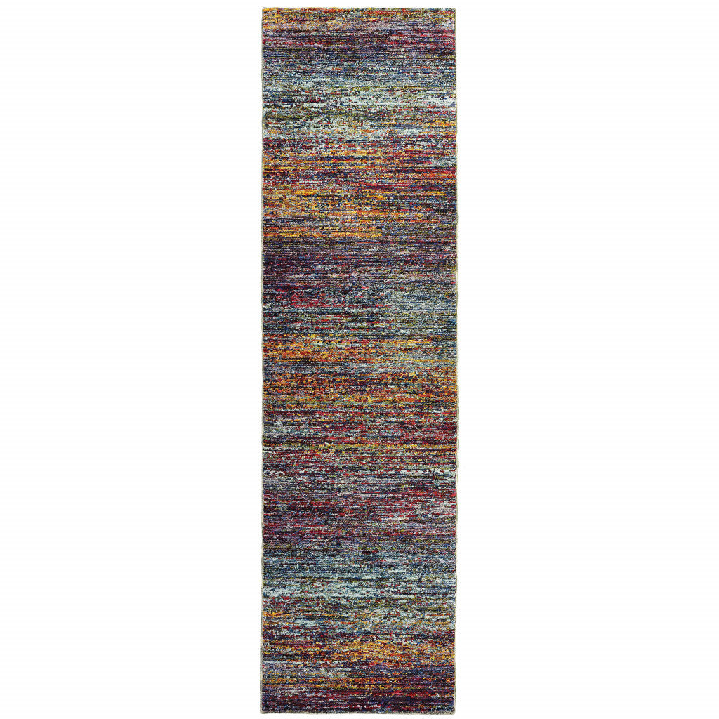 2' X 8' Blue Grey Gold Purple And Teal Abstract Power Loom Stain Resistant Runner Rug