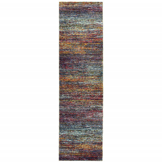 2' X 8' Blue Grey Gold Purple And Teal Abstract Power Loom Stain Resistant Runner Rug