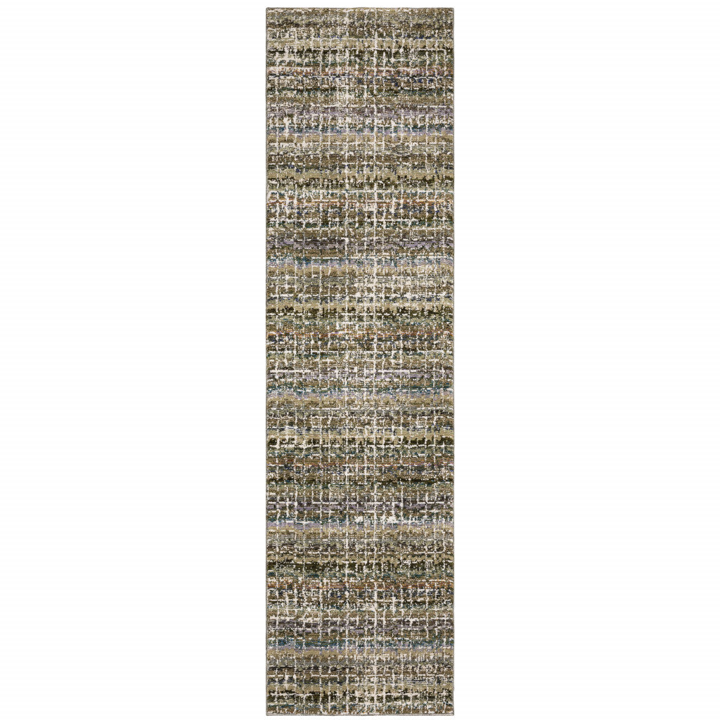 2' X 8' Green Green Grey And Purple Abstract Power Loom Stain Resistant Runner Rug