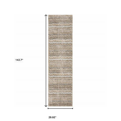 2' X 10' Ivory Grey Tan And Brown Abstract Power Loom Stain Resistant Runner Rug