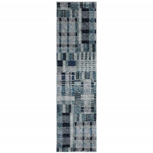 2' X 8' Blue Geometric Power Loom Stain Resistant Runner Rug
