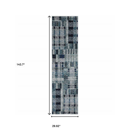 2' X 10' Blue Geometric Power Loom Stain Resistant Runner Rug