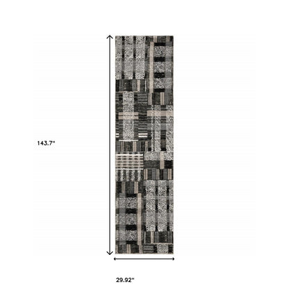 2' X 10' Black Grey And Ivory Geometric Power Loom Stain Resistant Runner Rug