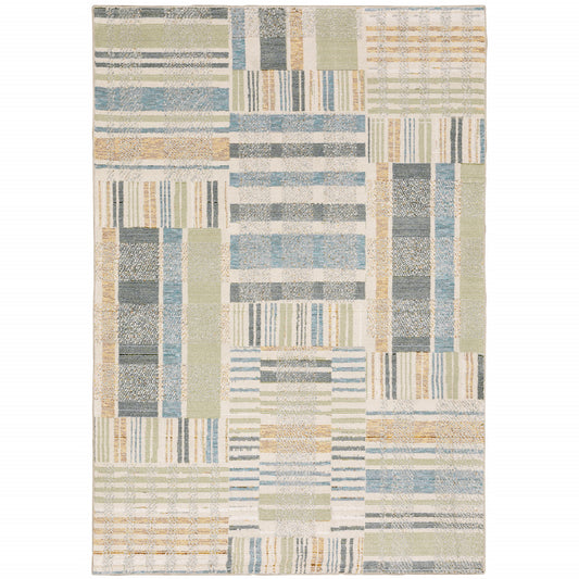 10' X 13' Green Grey And Ivory Geometric Power Loom Stain Resistant Area Rug