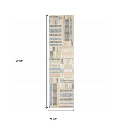 2' X 8' Green Grey And Ivory Geometric Power Loom Stain Resistant Runner Rug