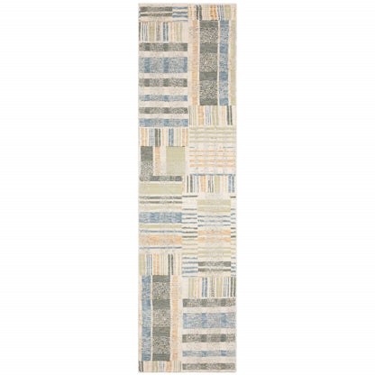 2' X 10' Green Grey And Ivory Geometric Power Loom Stain Resistant Runner Rug