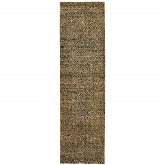 2' X 8' Brown Gold Rust Blue And Green Geometric Power Loom Stain Resistant Runner Rug