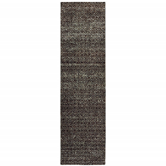 2' X 10' Charcoal Grey And Brown Geometric Power Loom Stain Resistant Runner Rug