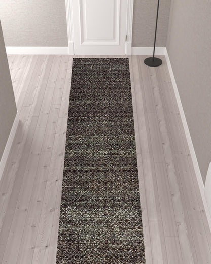 2' X 10' Charcoal Grey And Brown Geometric Power Loom Stain Resistant Runner Rug