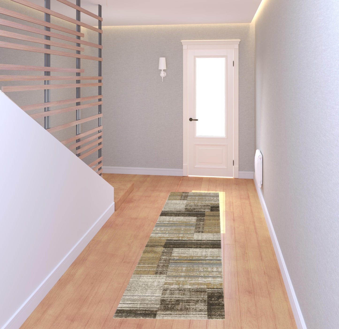 8' Beige and Charcoal Geometric Power Loom Runner Rug