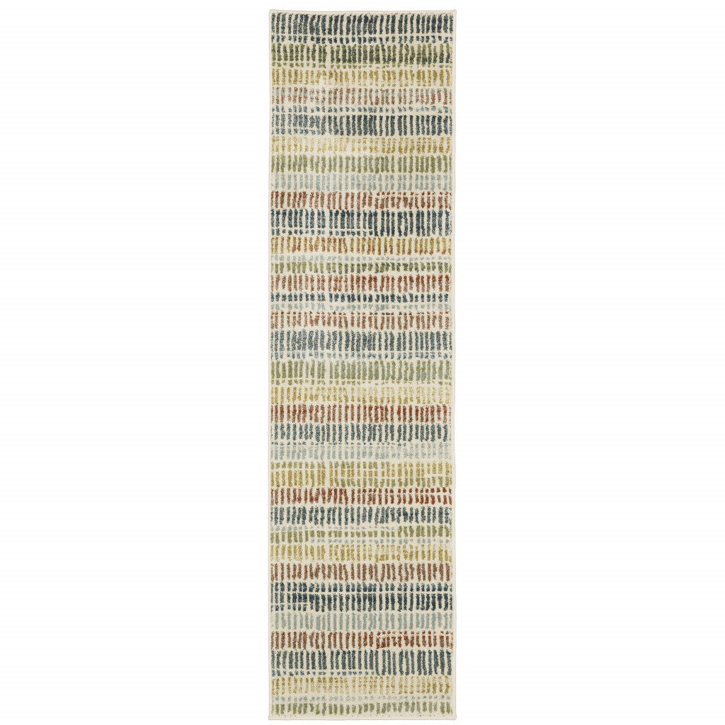 2' X 8' Ivory Blue Green Red And Gold Geometric Power Loom Stain Resistant Runner Rug