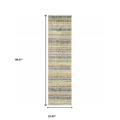 2' X 8' Ivory Blue Green Red And Gold Geometric Power Loom Stain Resistant Runner Rug