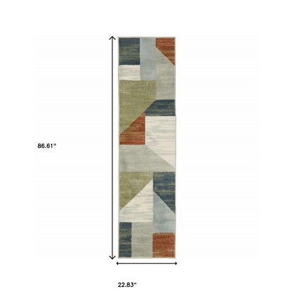 2' X 8' Grey Teal Blue Rust Green And Ivory Geometric Power Loom Stain Resistant Runner Rug
