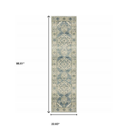 2' X 8' Blue Grey Beige And Teal Oriental Power Loom Stain Resistant Runner Rug