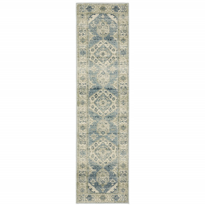 2' X 8' Blue Grey Beige And Teal Oriental Power Loom Stain Resistant Runner Rug