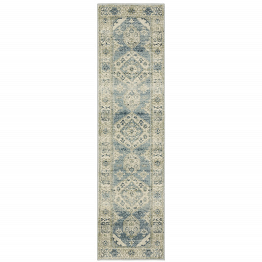 2' X 8' Blue Grey Beige And Teal Oriental Power Loom Stain Resistant Runner Rug