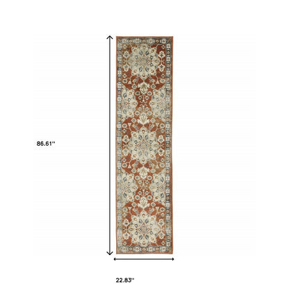 2' X 8' Rust Beige Teal Blue And Gold Oriental Power Loom Stain Resistant Runner Rug