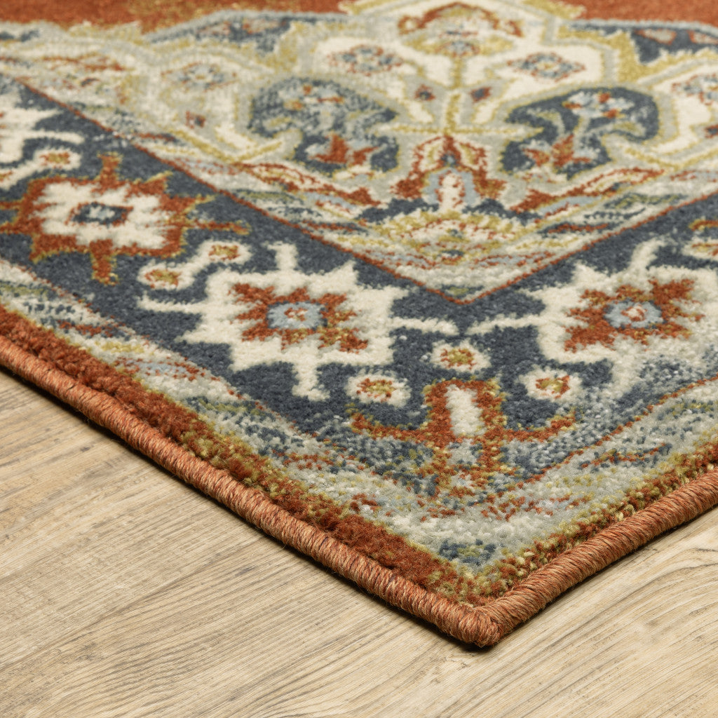 2' X 8' Rust Beige Teal Blue And Gold Oriental Power Loom Stain Resistant Runner Rug