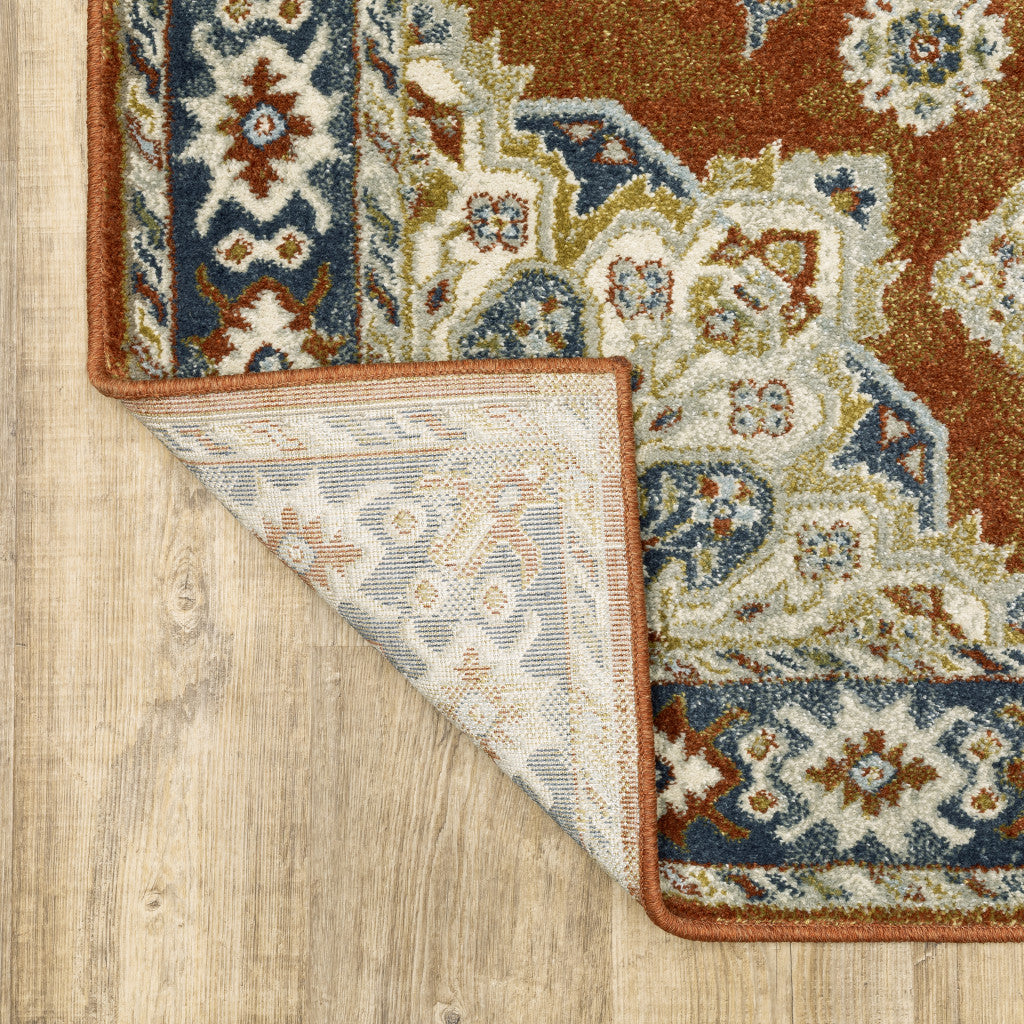 2' X 8' Rust Beige Teal Blue And Gold Oriental Power Loom Stain Resistant Runner Rug