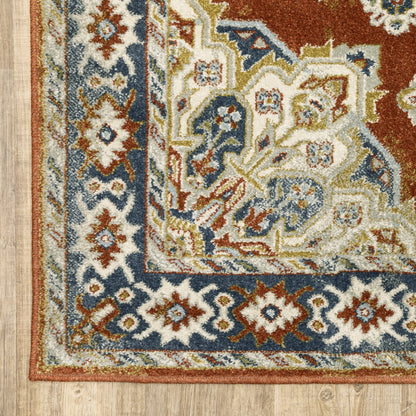 2' X 8' Rust Beige Teal Blue And Gold Oriental Power Loom Stain Resistant Runner Rug