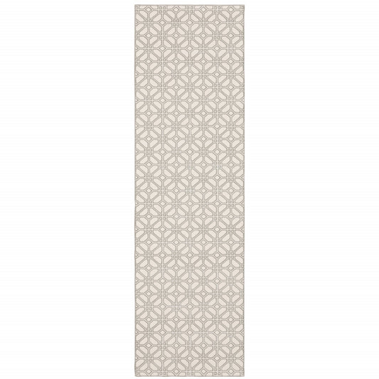 2' X 8' Ivory And Grey Geometric Power Loom Stain Resistant Runner Rug