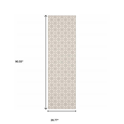 2' X 8' Ivory And Grey Geometric Power Loom Stain Resistant Runner Rug