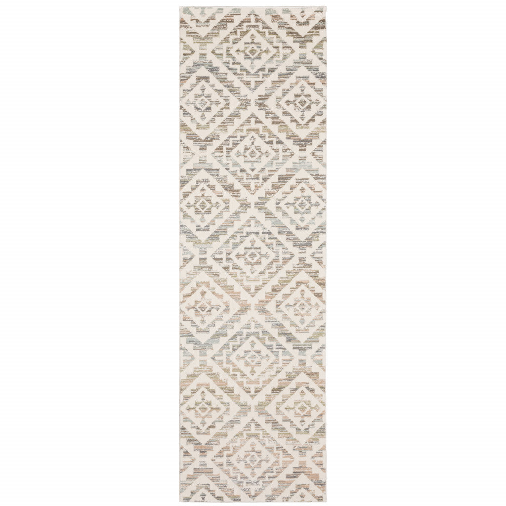 2' X 8' Grey Pink And Sage Geometric Power Loom Stain Resistant Runner Rug