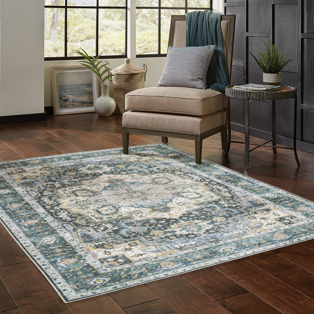 5' X 7' Blue Ivory Teal Brown And Gold Oriental Printed Stain Resistant Non Skid Area Rug