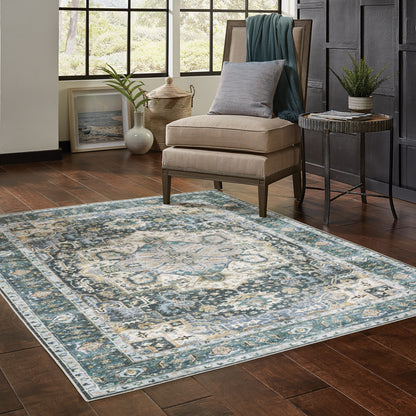 5' X 7' Blue Ivory Teal Brown And Gold Oriental Printed Stain Resistant Non Skid Area Rug