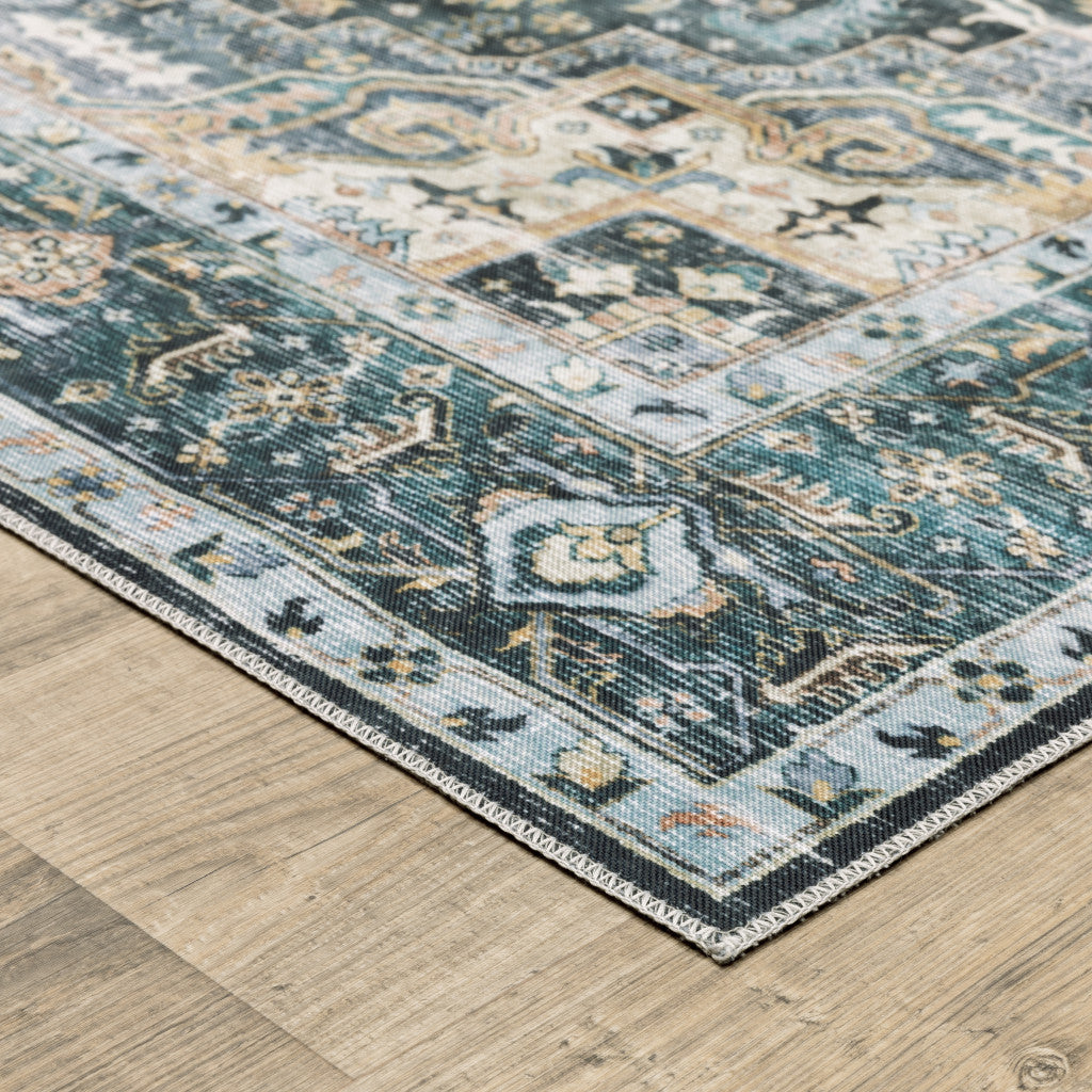 5' X 7' Blue Ivory Teal Brown And Gold Oriental Printed Stain Resistant Non Skid Area Rug