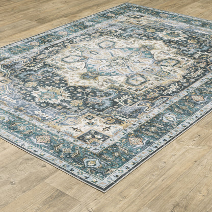 5' X 7' Blue Ivory Teal Brown And Gold Oriental Printed Stain Resistant Non Skid Area Rug