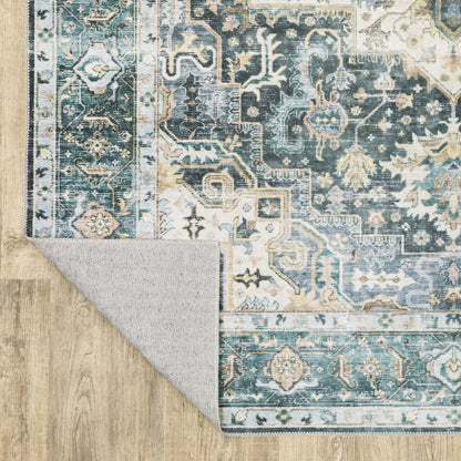 5' X 7' Blue Ivory Teal Brown And Gold Oriental Printed Stain Resistant Non Skid Area Rug